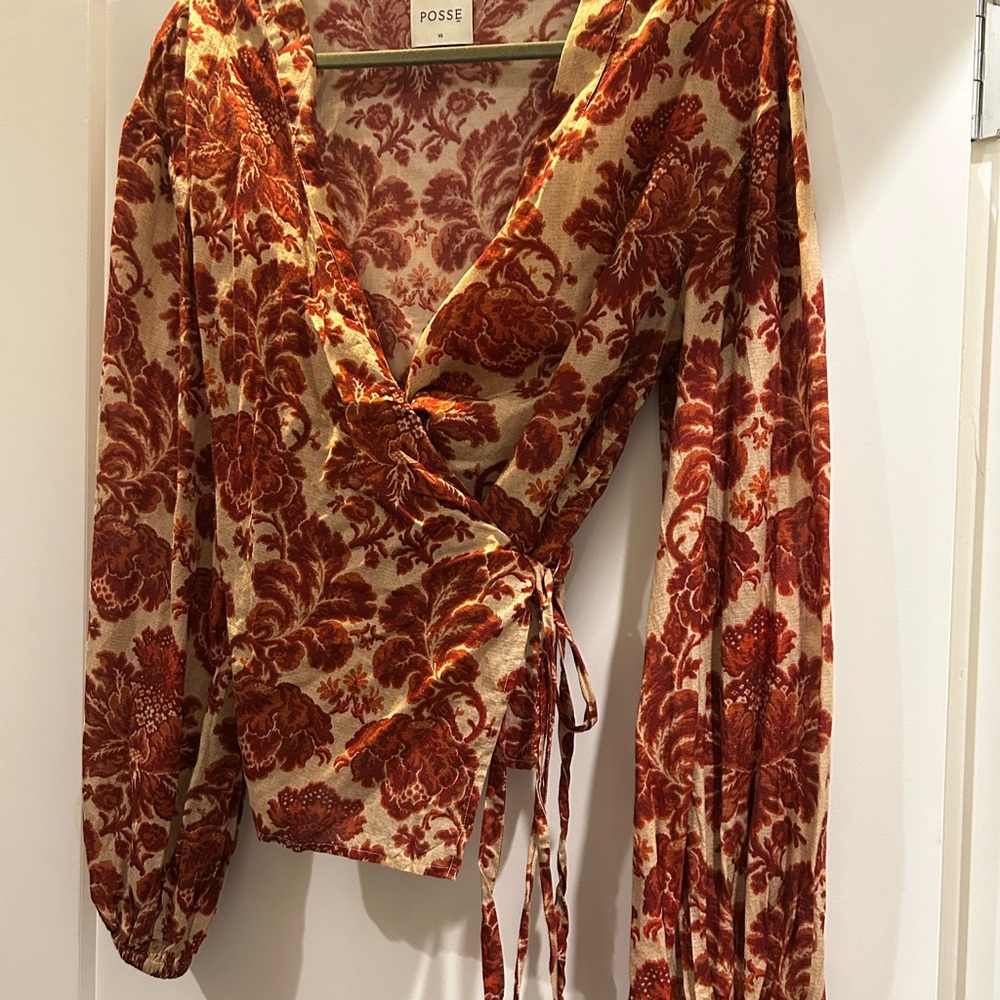 Posse Women's Floral Wrap Top - Red and Cream